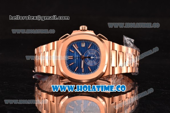 Patek Philippe Nautilus Chrono Swiss Valjoux 7750-CHG Automatic Rose Gold Case/Bracelet with Blue Dial and Stick Markers (BP) - Click Image to Close